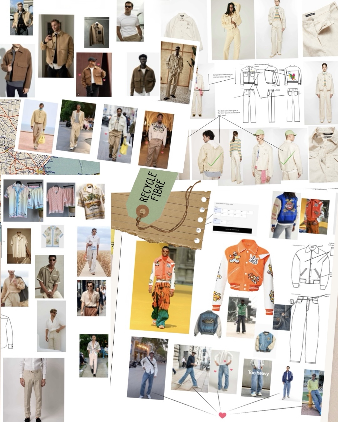 Fashion collection mood board of camel and beige outerwear photographs, camp-collar shirts and varsity jackets, technical jacket and trouser flats with fit annotations, a denim styling reference and a sage recycle-fibre tag