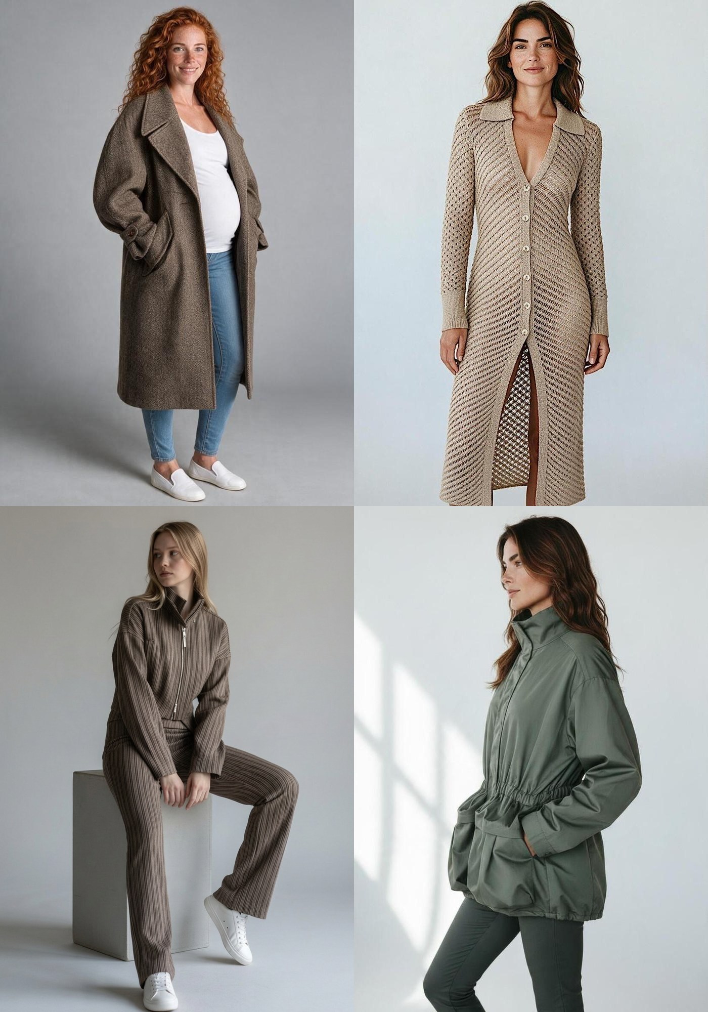 Four fashion looks from MODA-ART: a brown tweed coat, an open-knit maxi dress, a model seated in a taupe pleated set, and a sage utility jacket