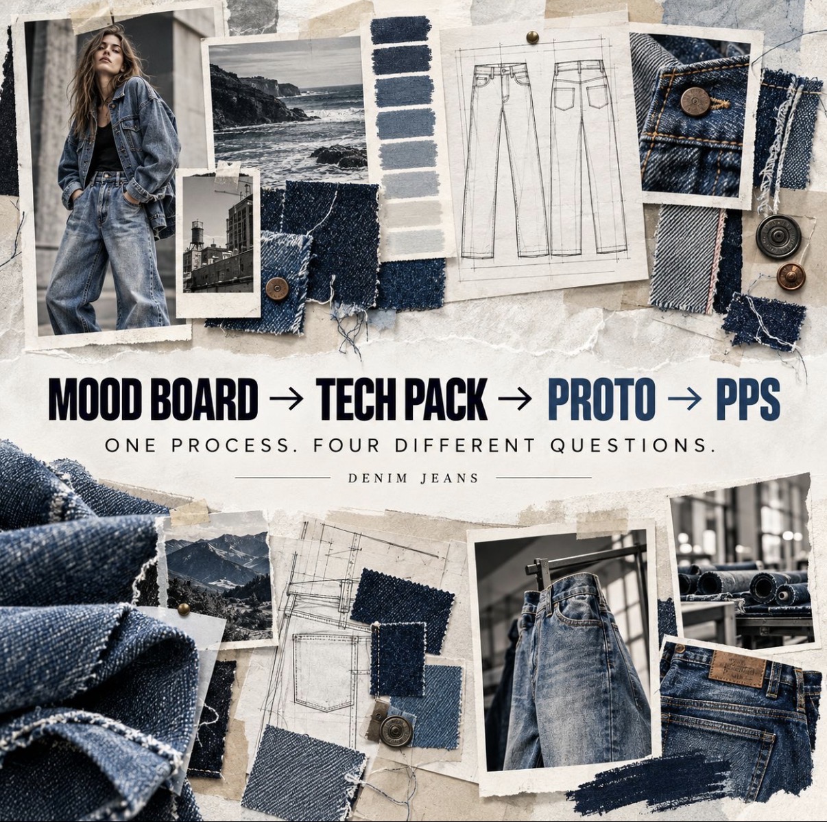 Denim jeans development board showing a model in double denim, technical flats, denim swatches, buttons and rivets, captioned mood board, tech pack, proto and PPS