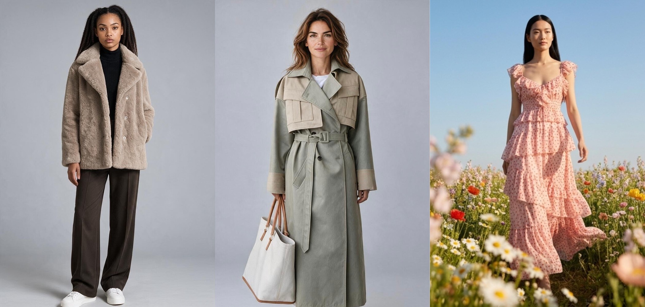 MODA-ART fashion collection featuring a fur coat, a trench coat with a tote bag and a woman in a pink dotted dress in a wildflower meadow