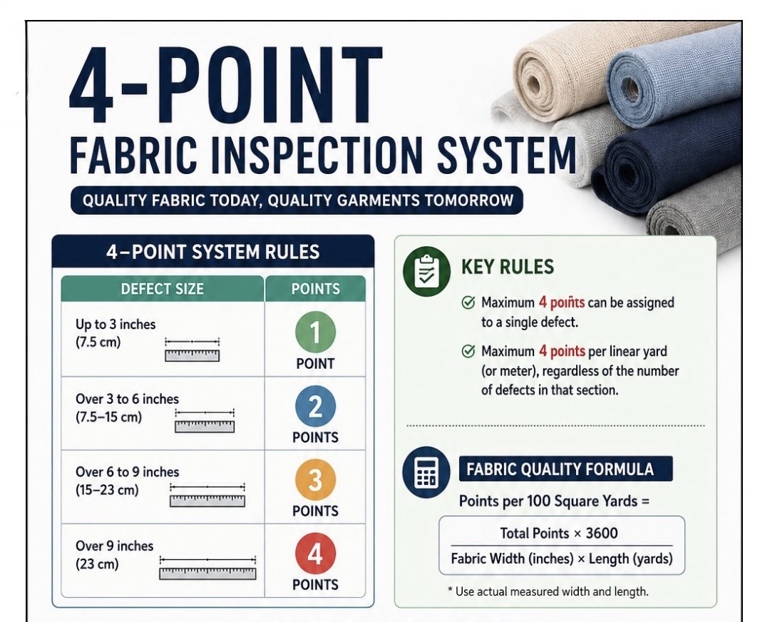 Four-point fabric inspection system: defect point table, inspection rules and fabric quality calculation, beside rolled fabric bolts