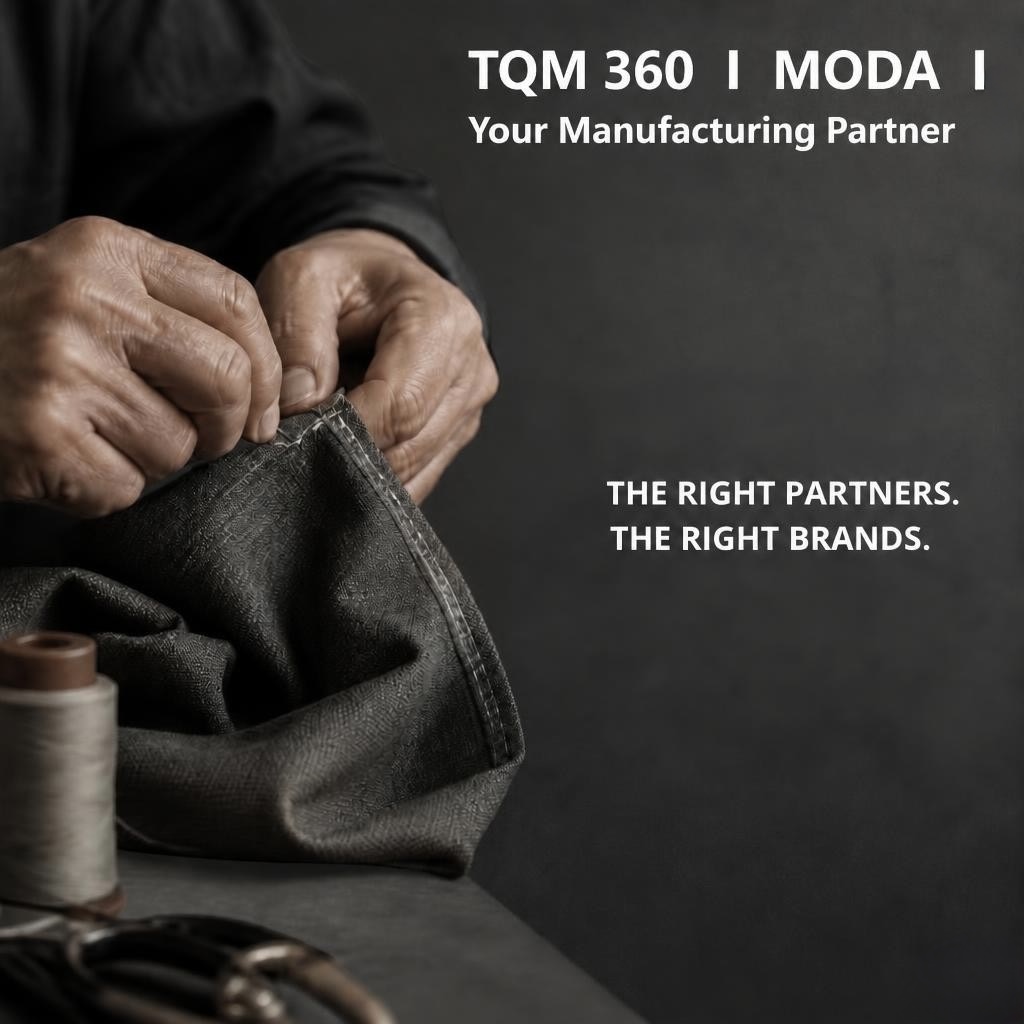 A tailor’s hands finishing the seam of a dark grey textured garment, with a thread spool and tailoring shears resting in the blurred foreground