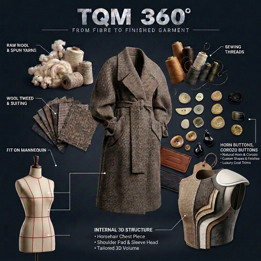 TQM 360° — from fibre to finished garment: a herringbone wool trench coat at the centre, ringed by raw wool and spun yarns, tweed and suiting swatches, a tailor’s mannequin, sewing threads, horn and corozo buttons, and a cutaway of a coat’s internal structure