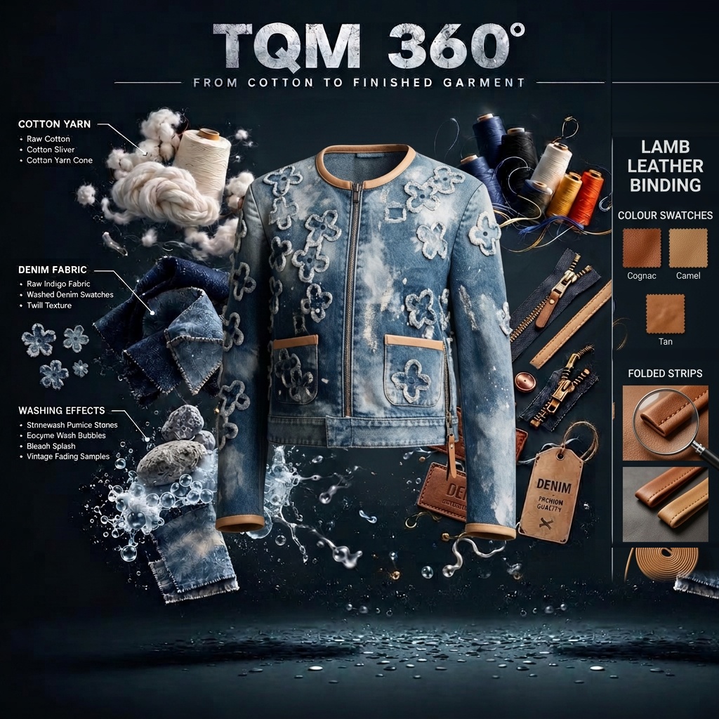 TQM 360° — from cotton to finished garment: a floral-appliqué denim jacket at the centre, ringed by raw cotton, cotton yarn cones, indigo and washed denim swatches, pumice stones and wash effects, metal zippers and leather hangtags, with a lamb leather binding sidebar