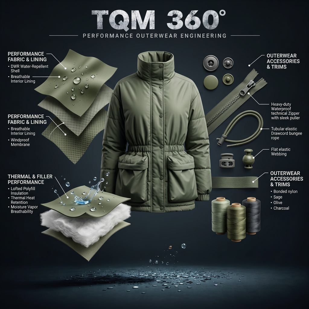 TQM 360° — performance outerwear engineering: an olive drawstring parka at the centre with an exploded view of its water-repellent shell, windproof membrane and polyfill insulation, beside zippers, drawcords, elastic webbing and bonded nylon trims